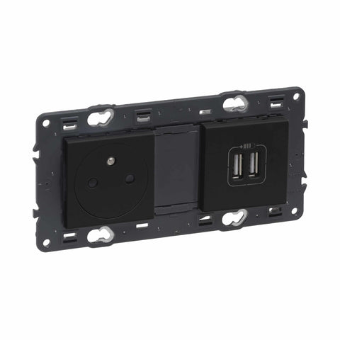 Legrand - Val Stopcontact 2P+A+2xUSB vlak volledig app.zwart met schroef - 741735